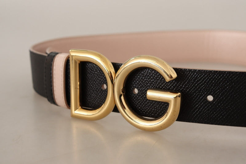 Black Pink Leather Gold Logo Buckle Belt