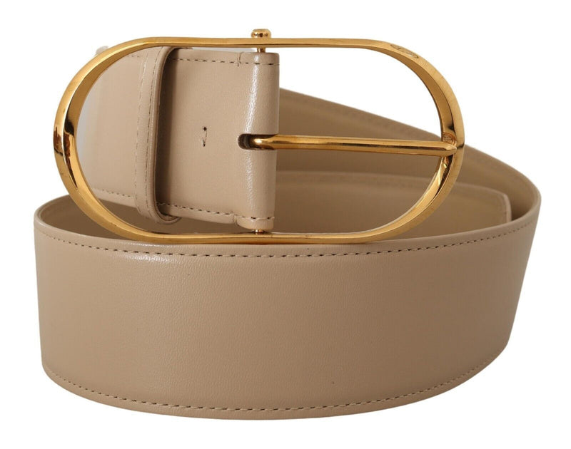 Beige Leather Gold Metal Oval Buckle Belt