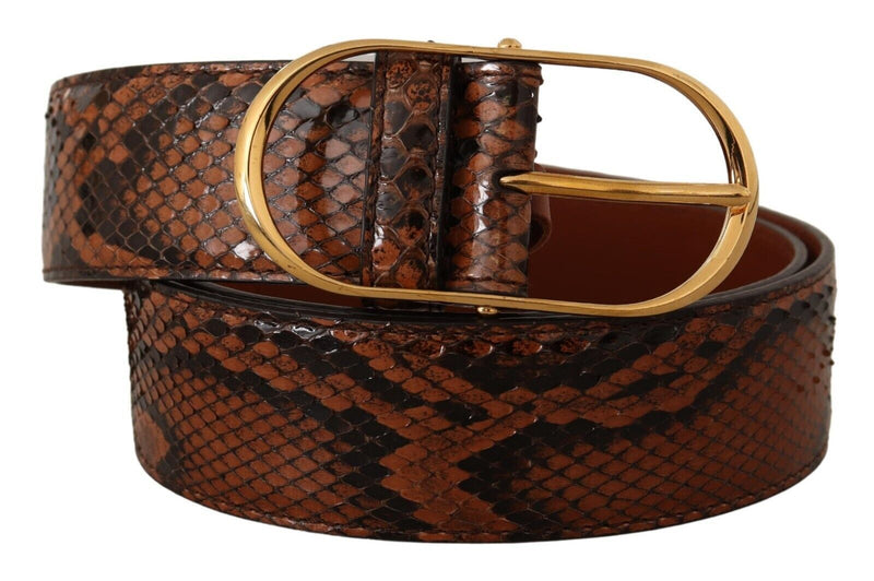 Brown Exotic Leather Gold Oval Buckle Belt