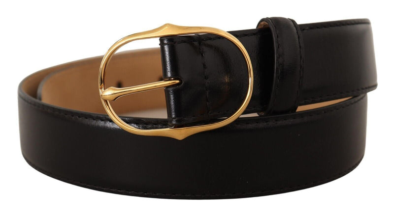 Black Leather Gold Metal Oval Buckle Belt