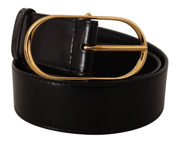 Black Leather Gold Metal Oval Buckle Belt