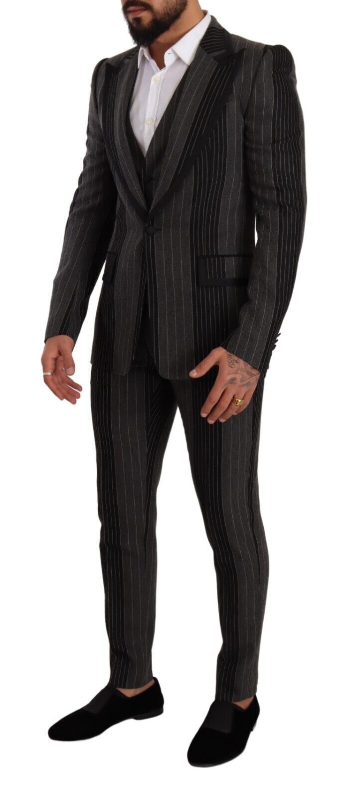 Black Gray Striped Slim Fit 3 Piece Suit