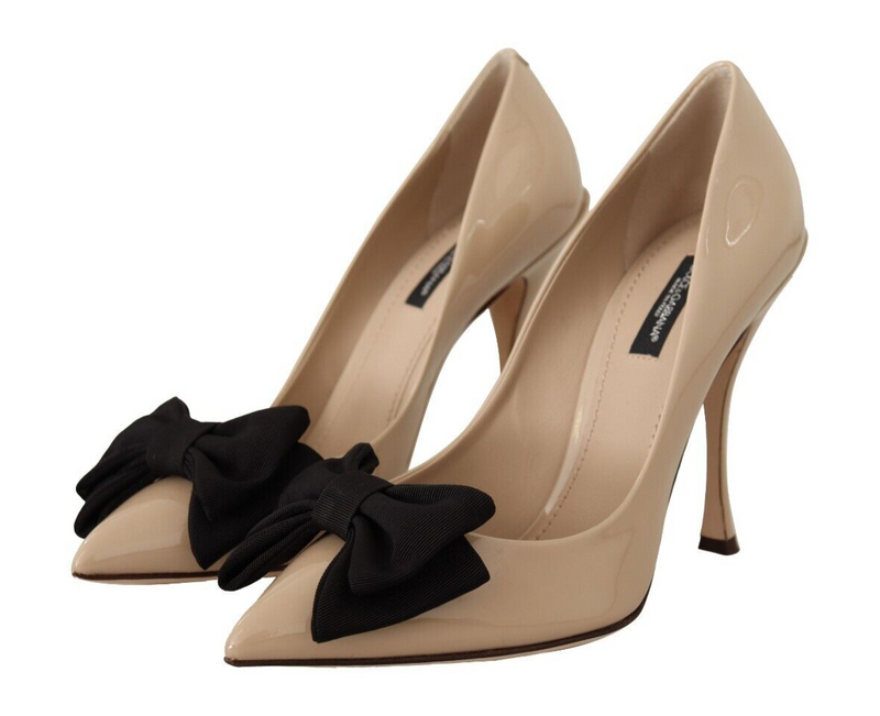 Beige Patent Leather Black Bow Heel Pumps Shoes