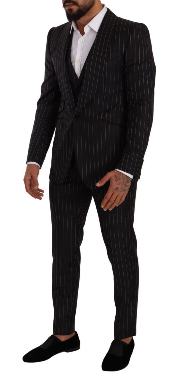 Black SICILIA Striped Wool Formal 3 Piece Suit