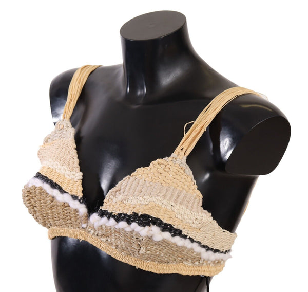 Beige Straw Raffia Woven Crochet Cover Up Top