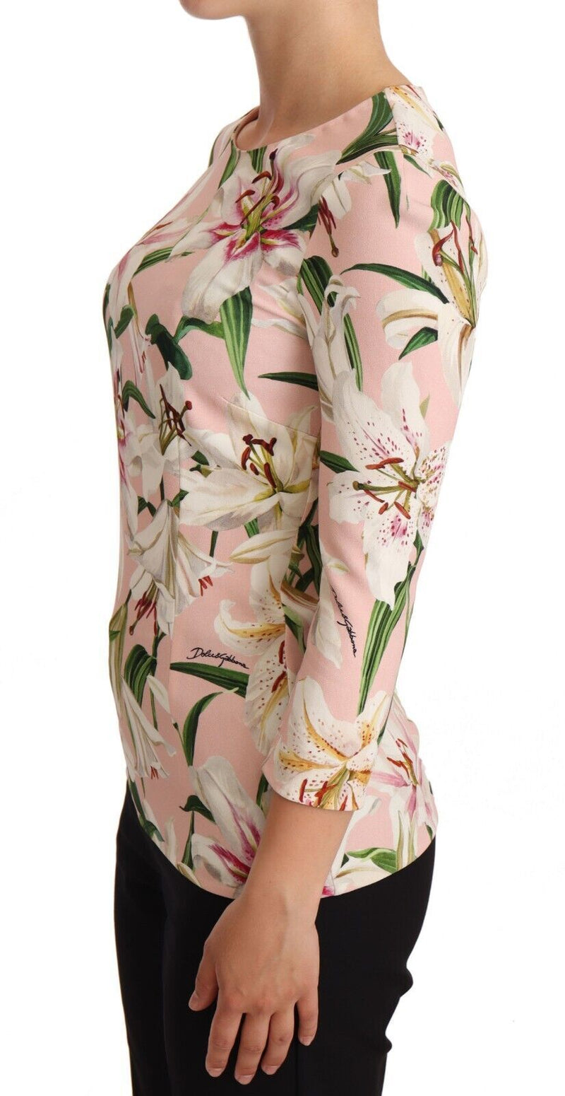 Pink Lily Print Viscose Long Sleeves Blouse