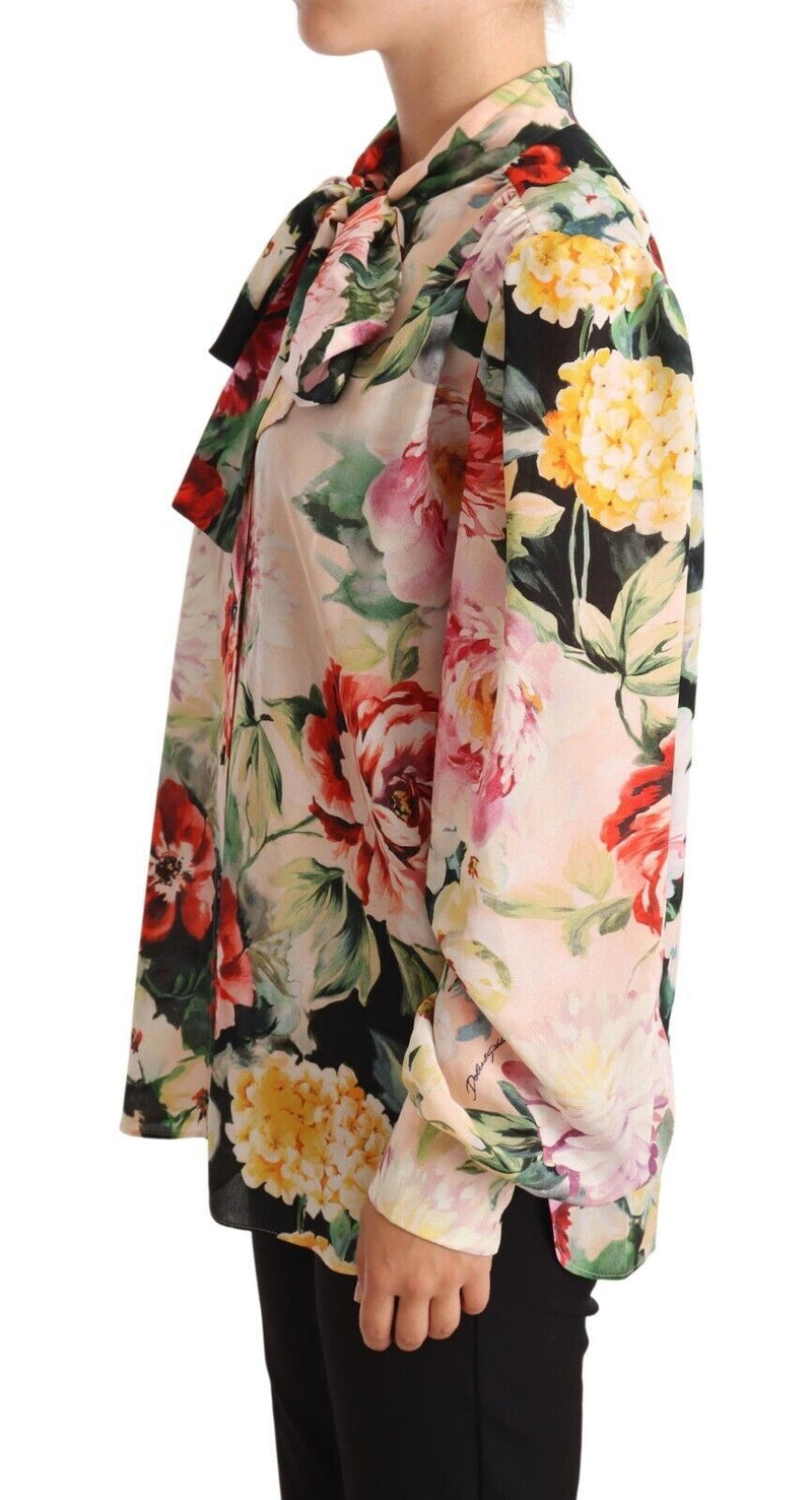 Multicolor Floral Print Ascot Collar Top Blouse