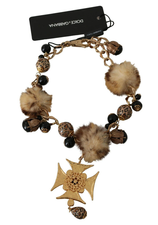 Gold Pon Pon Lapin Fur Crystal Cross Brass Necklace