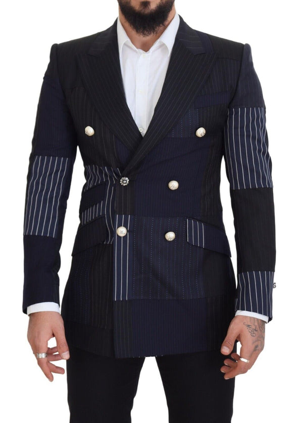 Blue Wool Patchwork Double Breasted Blazer