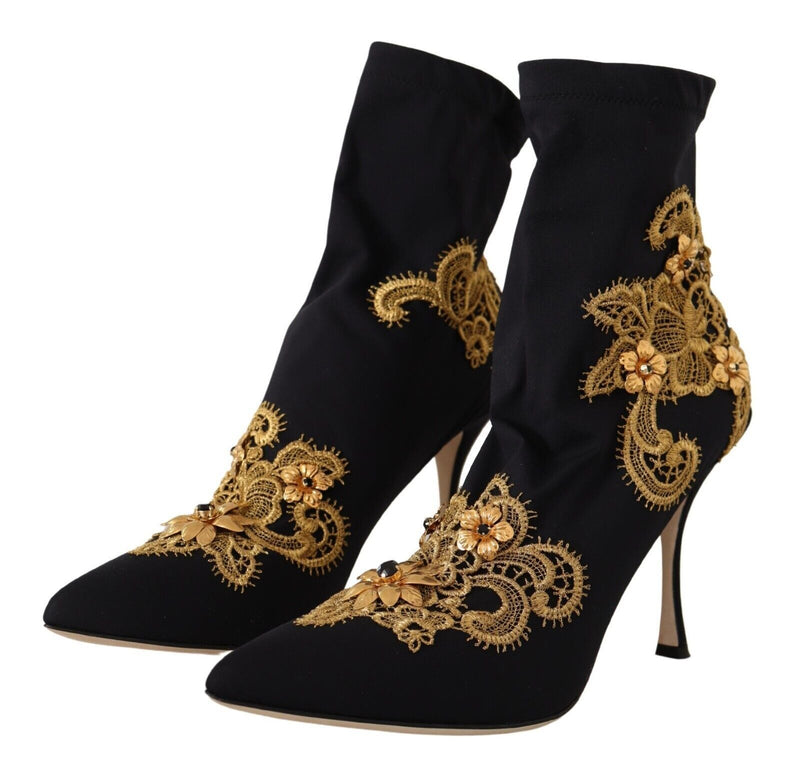 Black Gold Floral Lace Heels Boots Shoes