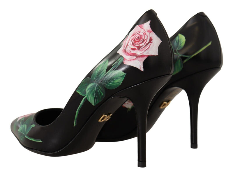 Black Leather Roses High Heels Pumps Shoes