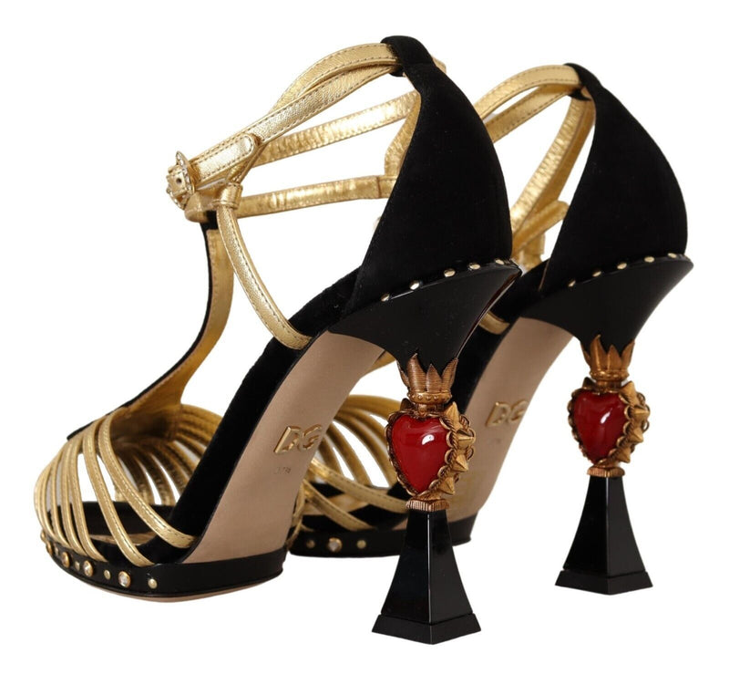 Black Gold T-Strap Decor Heels Sandals Shoes