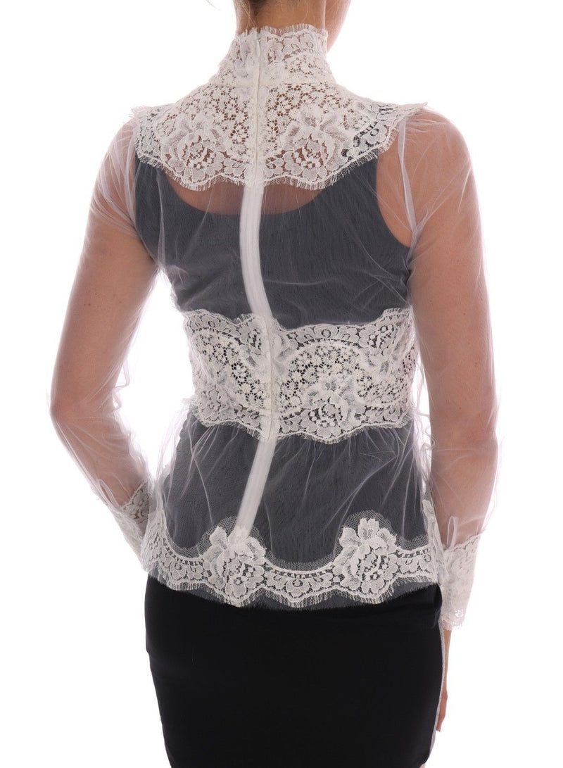 White Floral Lace Blouse Mock Neck Top