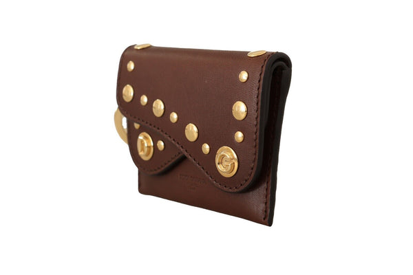 Brown Leather Mini Bifold Studded Keychain Purse