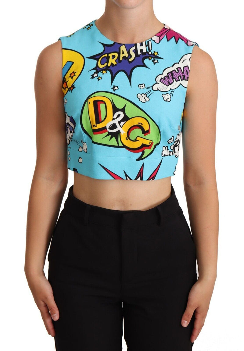 Blue Cartoon Cropped Tank Top Blouse