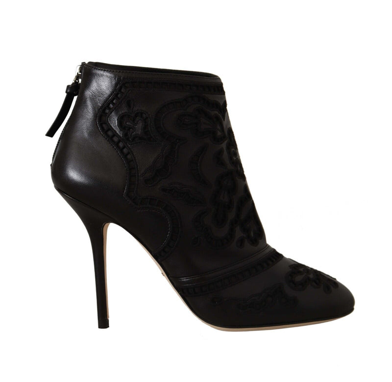 Black Stiletto Lace Leather Ankle Boots Shoes