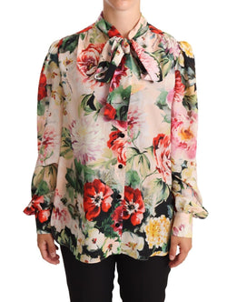 Multicolor Floral Print Ascot Collar Top Blouse