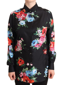 Black Floral Print Collared Polo Blouse Top