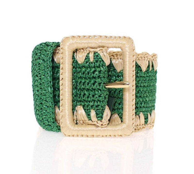 Green Raffia Woven Waist Viscose Wide Belt