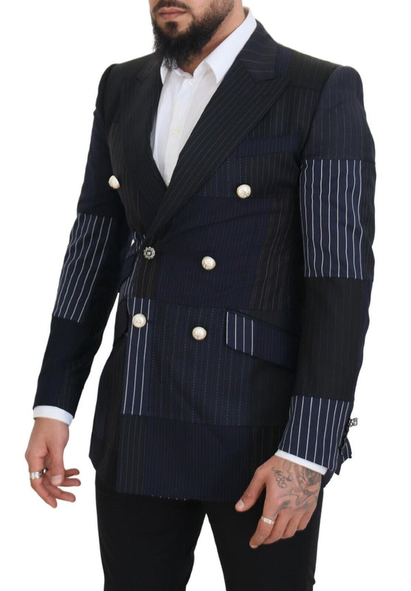 Blue Wool Patchwork Double Breasted Blazer