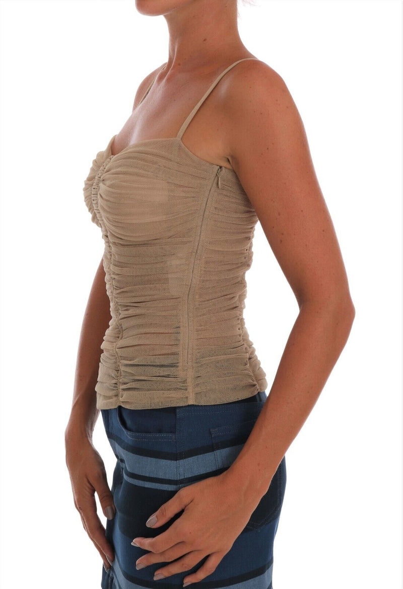 Beige Cotton Stretch Mesh Tank Spaghetti Strap Top