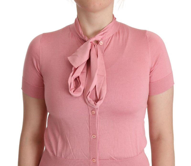 Pink Ascot Collar Short Sleeves Button Blouse Top