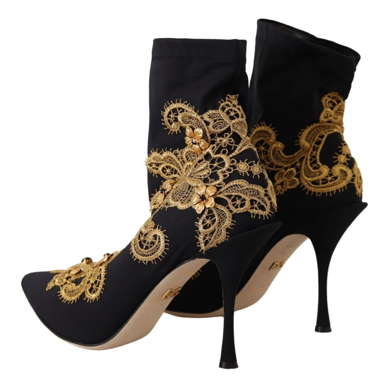 Black Gold Floral Lace Heels Boots Shoes