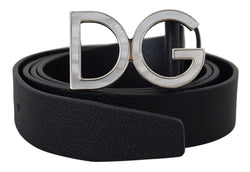 Black Leather Silver Tone DG Metal Buckle Belt