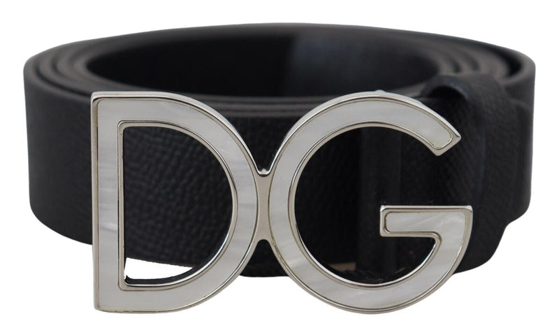 Black Leather Silver Tone DG Metal Buckle Belt