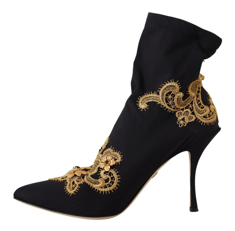 Black Gold Floral Lace Heels Boots Shoes