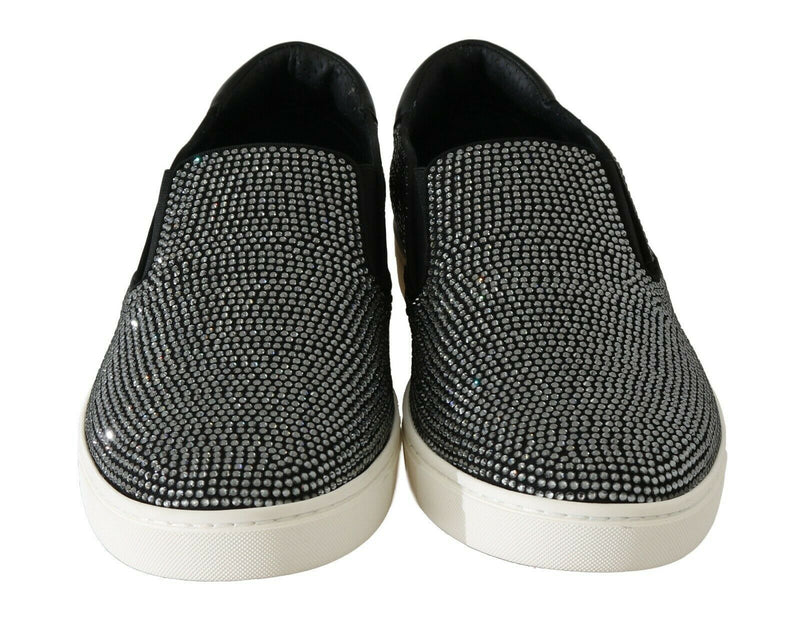 Black Cotton Leather Crystal Loafers Shoes