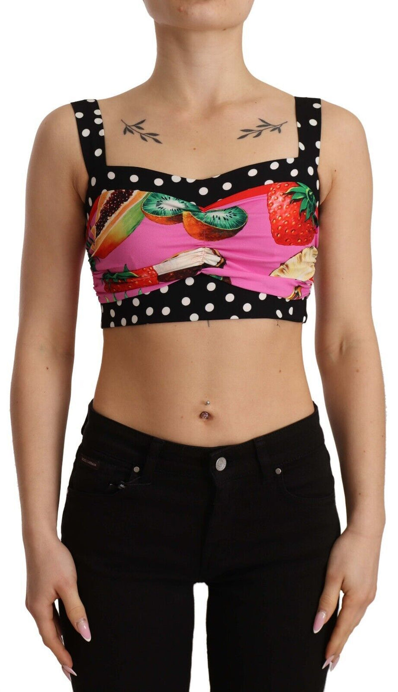 Multicolor Silk Cropped Polka Fruit Print Top