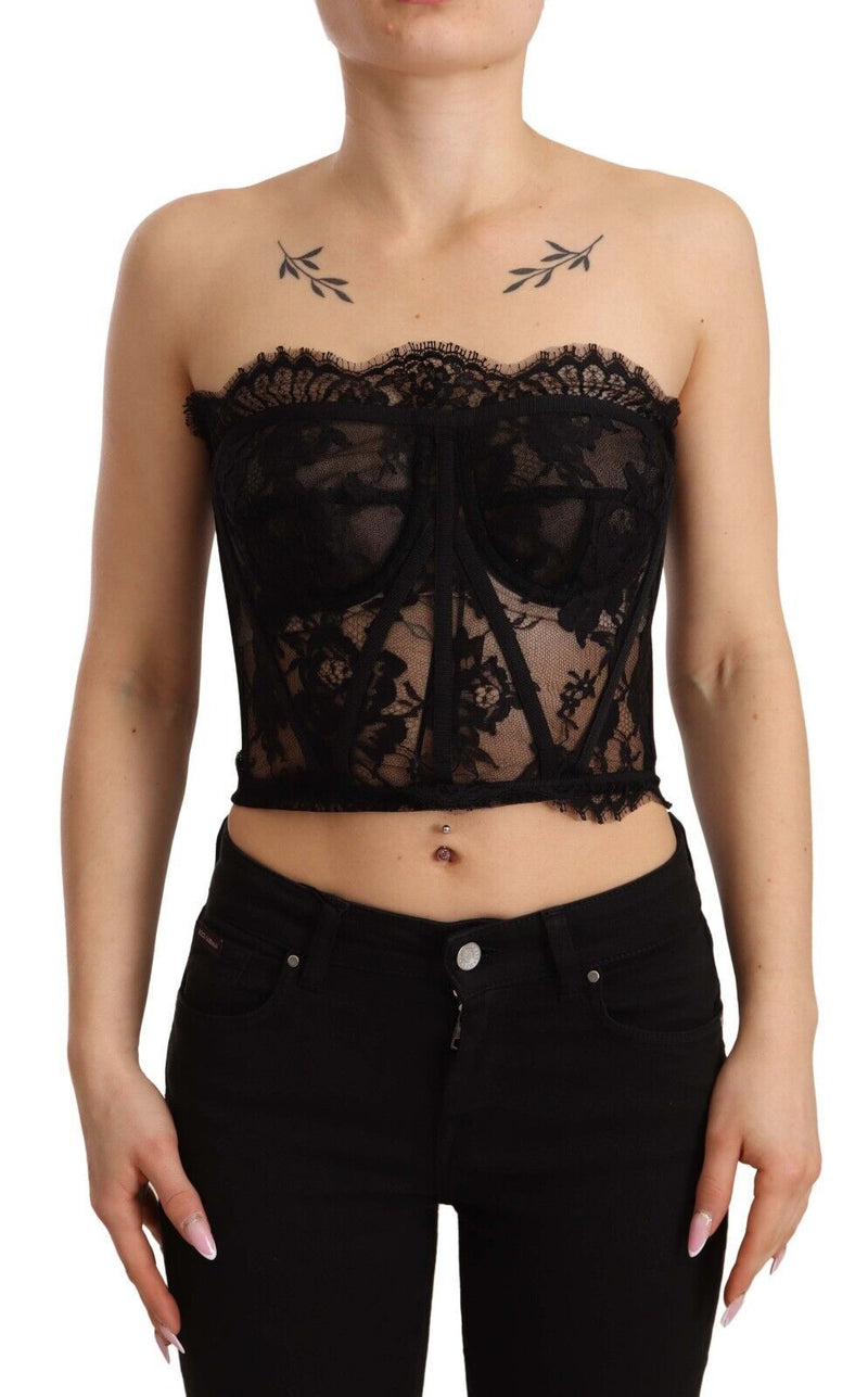 Black Open Work Corset Cotton Lace Bustier Top