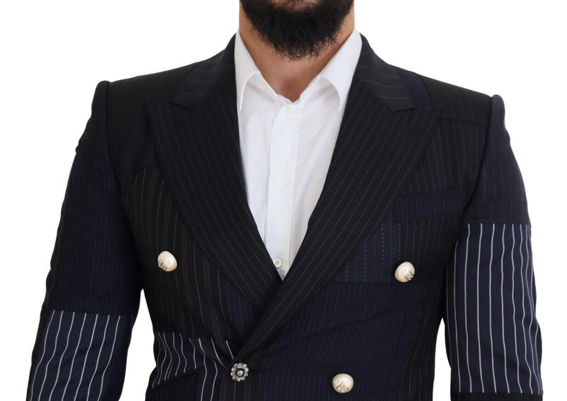 Blue Wool Patchwork Double Breasted Blazer