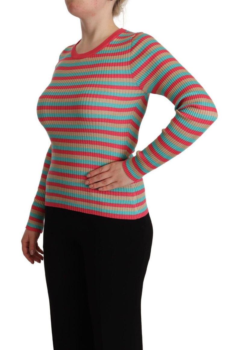 Multicolor Stripes Silk Crew Neck Pullover Top