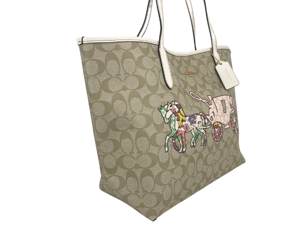 (CA607) Large Khaki Horse Carriage Graphic Signature City Tote Handbag