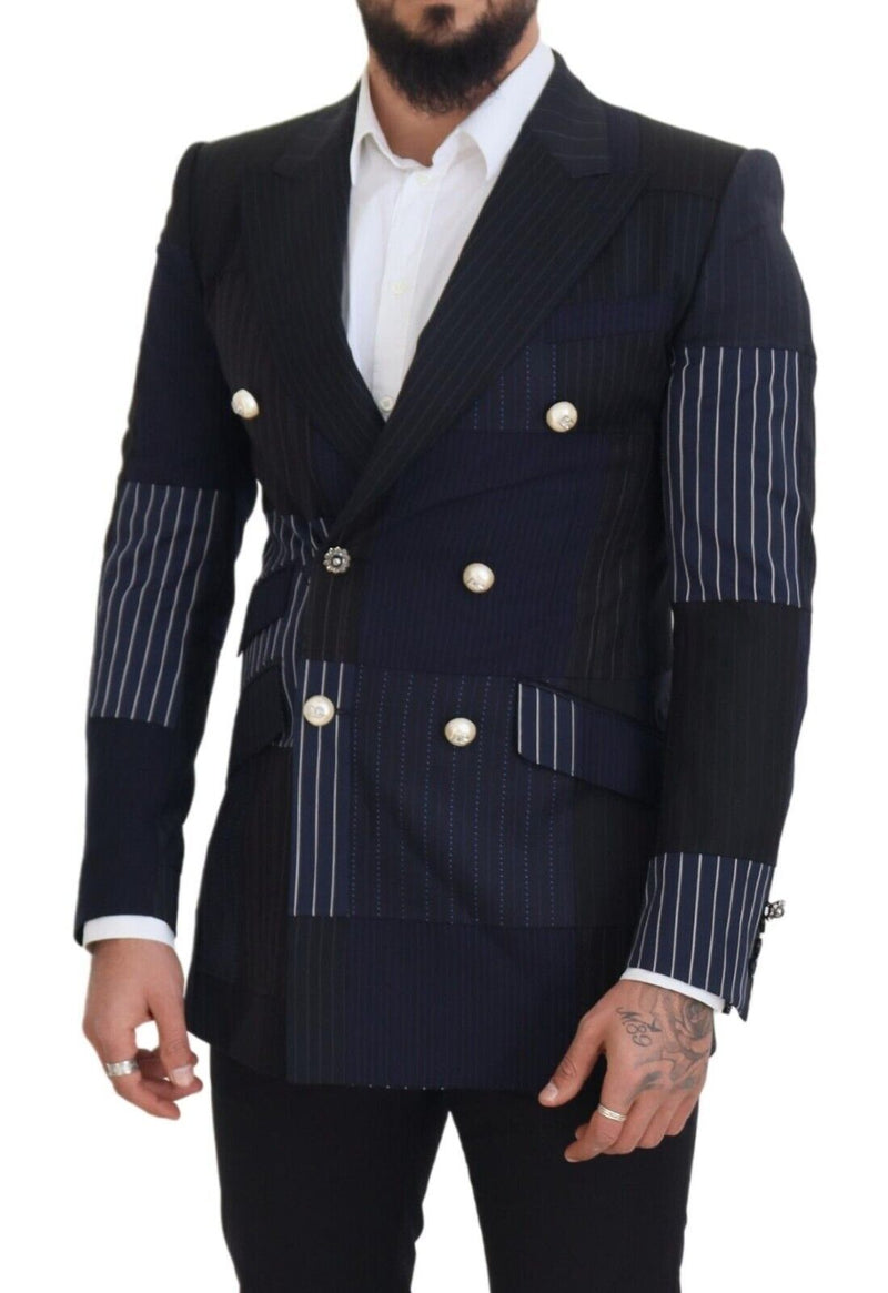 Blue Wool Patchwork Double Breasted Blazer