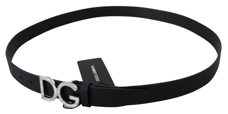 Black Leather Silver Tone DG Metal Buckle Belt