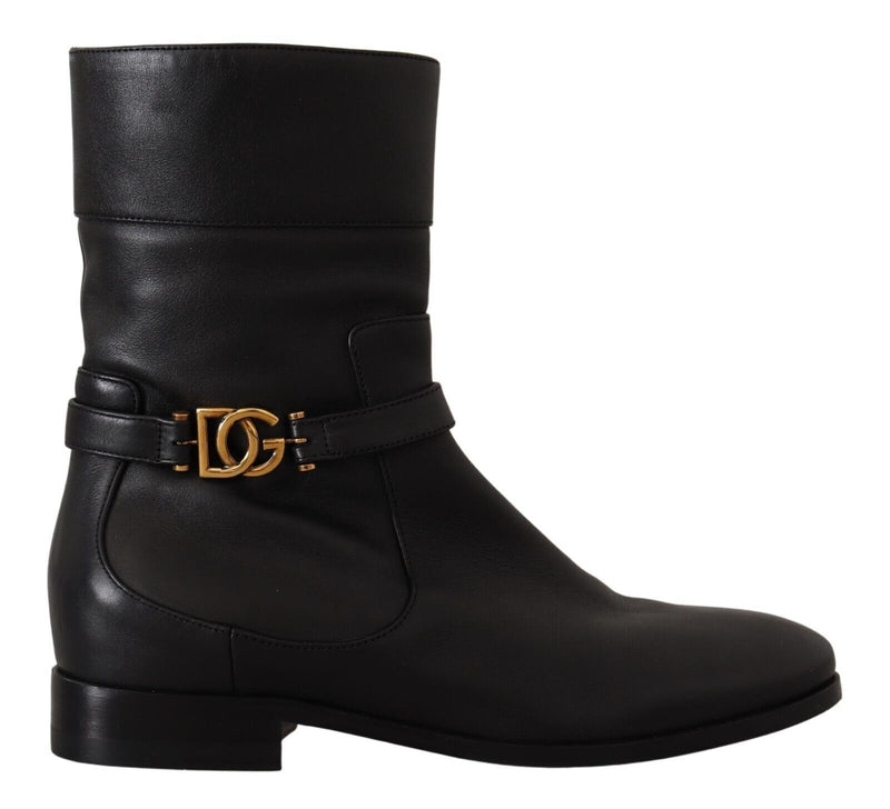 Black Leather Flats Logo Short Boots Shoes