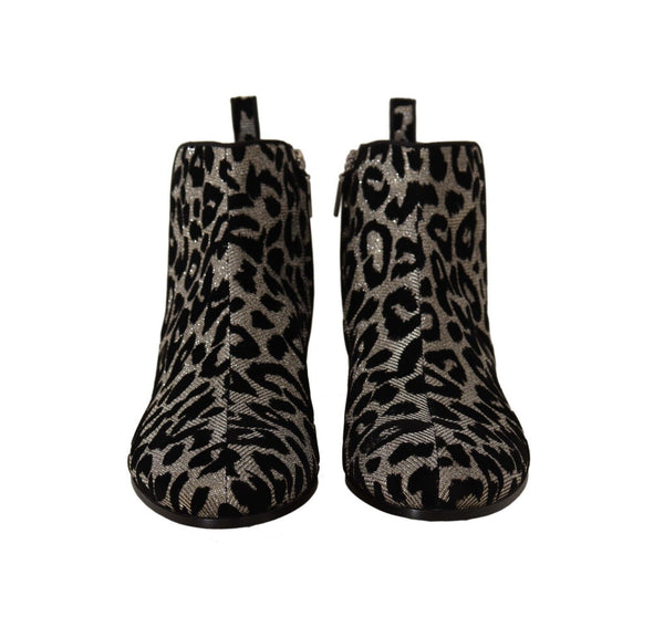 Silver Black Leopard Zipper Short Boots Shoes