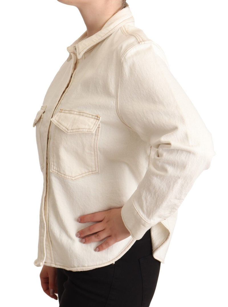 White Cotton Collared Long Sleeves Button Down Polo Top