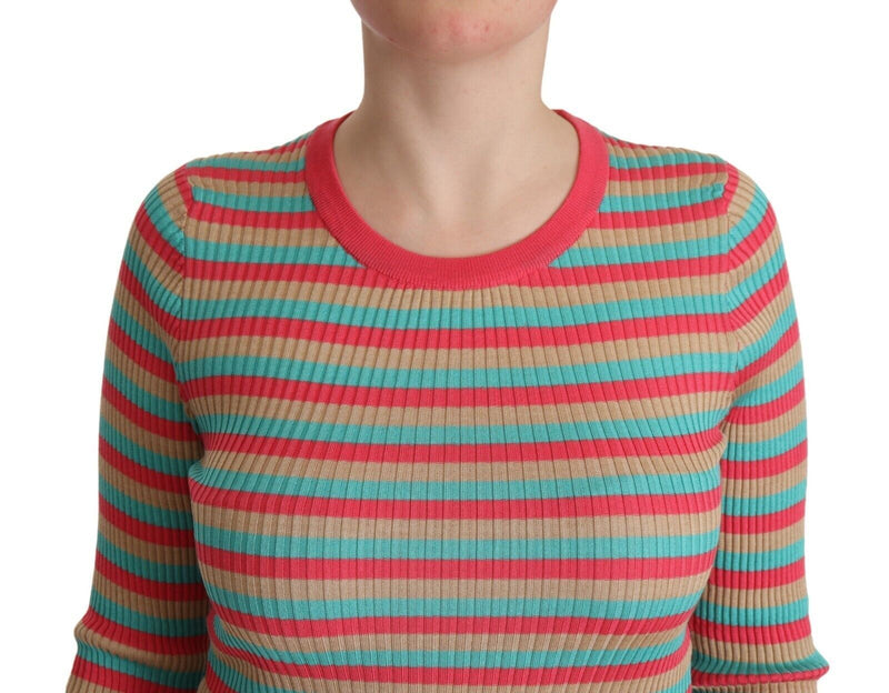 Multicolor Stripes Silk Crew Neck Pullover Top