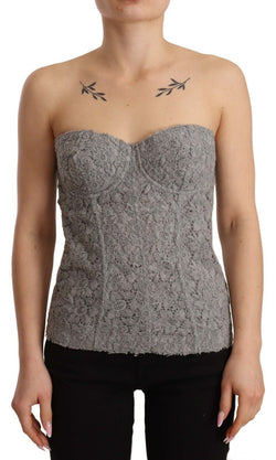 Gray Sleeveless Bustier Floral Lace Silk Top