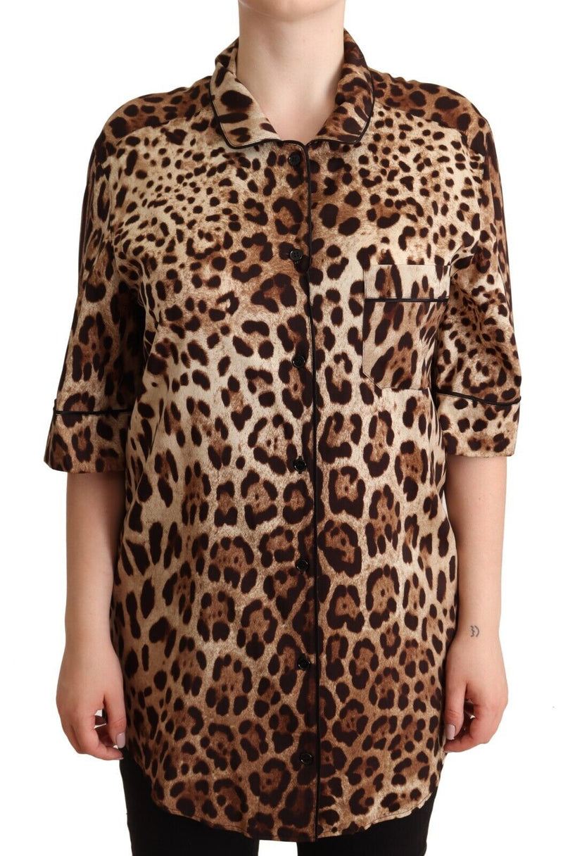 Brown Leopard Print Short Sleeves Blouse Shirt