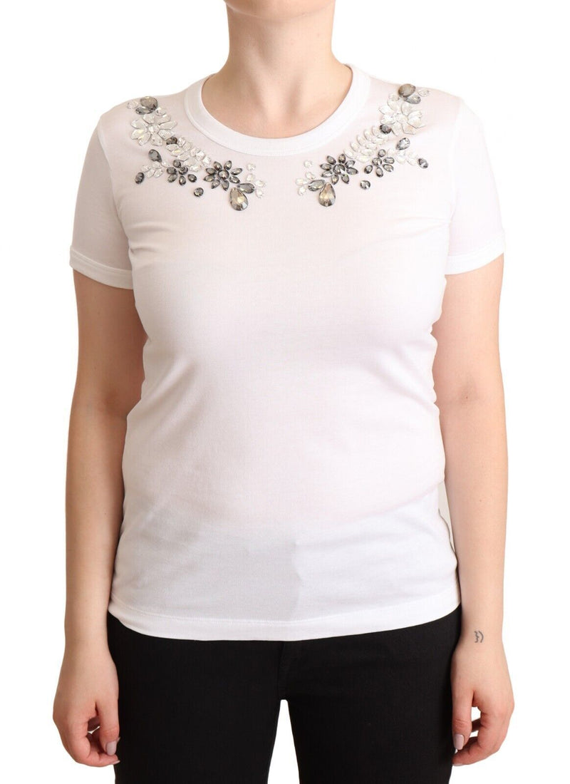 White Cotton Crewneck Crystal Embellish T-Shirt