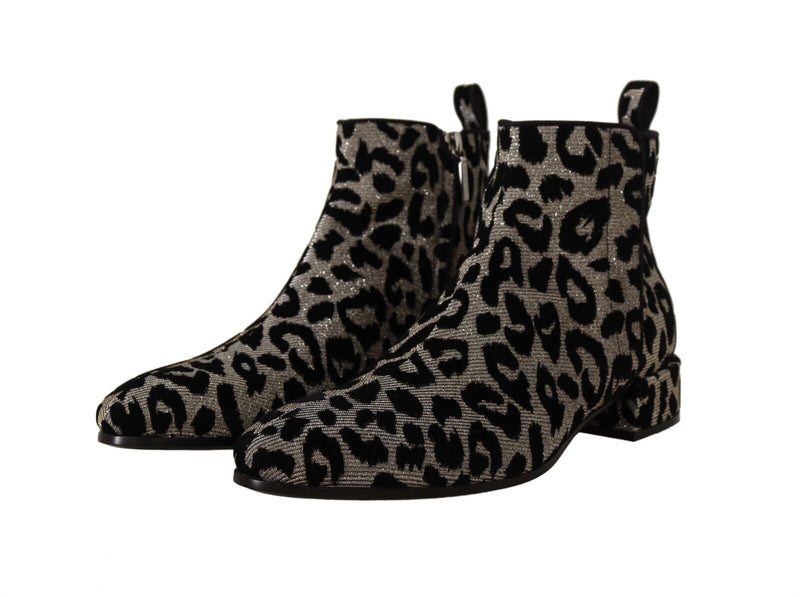 Silver Black Leopard Zipper Short Boots Shoes