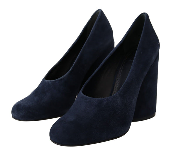 Navy Blue Suede Leather Block Heels Pumps Shoes