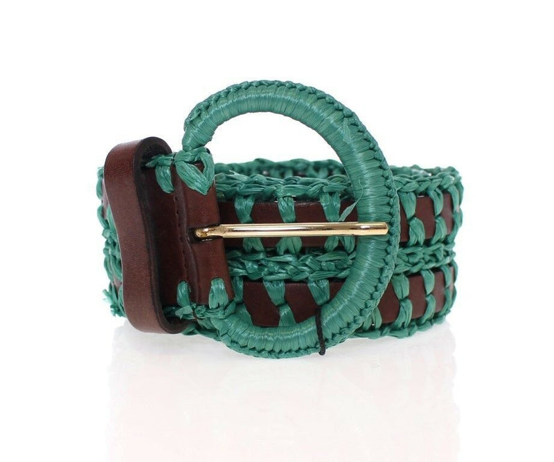 Green Raffia Woven Waist Leather Wide Belt