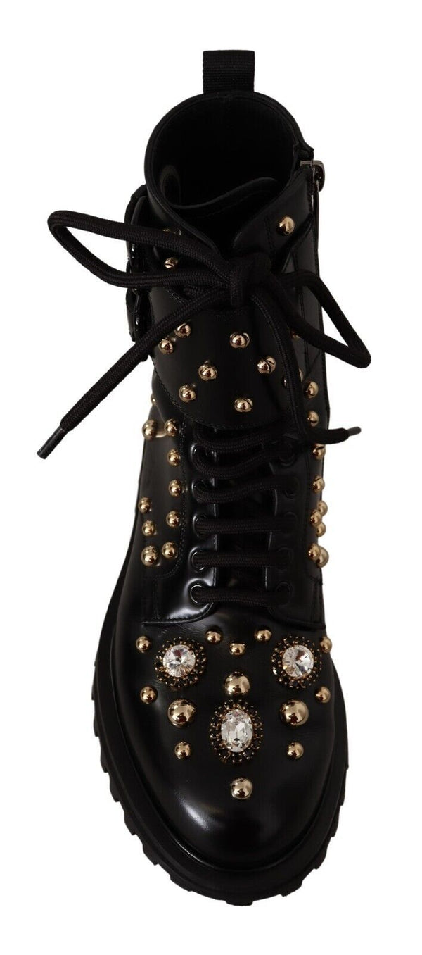 Black Leather Crystal Embellished Boots Shoes