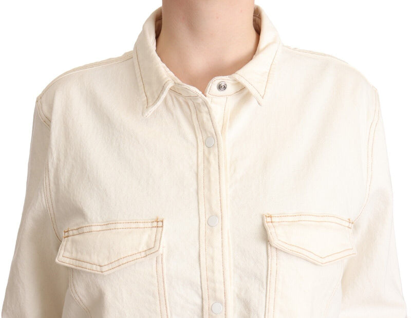 White Cotton Collared Long Sleeves Button Down Polo Top